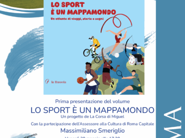 Locandina dell’evento “Lo sport è un mappamondo – Presentazione del libro de La Corsa di Miguel”. L’evento si terrà venerdì 30 maggio 2025 alle ore 17:30 presso la Casa del Jazz di Roma. Sullo sfondo, una grafica colorata con elementi sportivi e mappe del mondo.